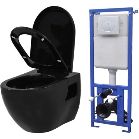 vidaXL Wall-Hung Toilet with Concealed Cistern Ceramic Black - Black