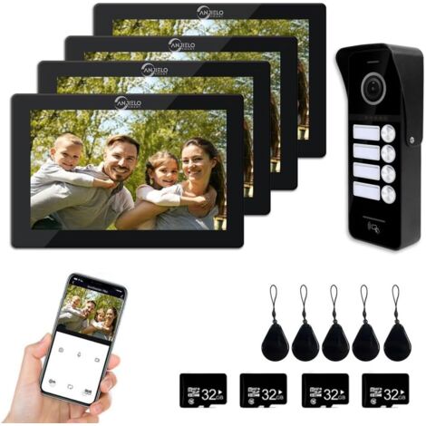 Videoportero 1080P (timbre con cable), para 4 familias, pantalla táctil de 7 pulgadas, desbloqueable, intercomunicador bidireccional (negro)