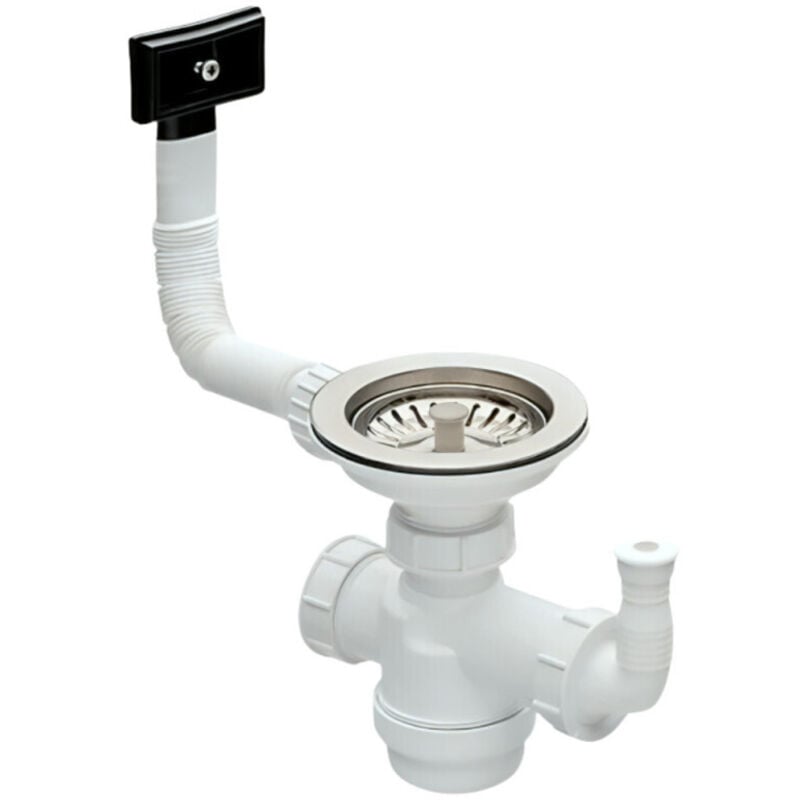 Vidage gain-de-place évier inox 1 cuve Ø90, bonde Ø113, siphon extra-plat, trop-plein rectangulaire