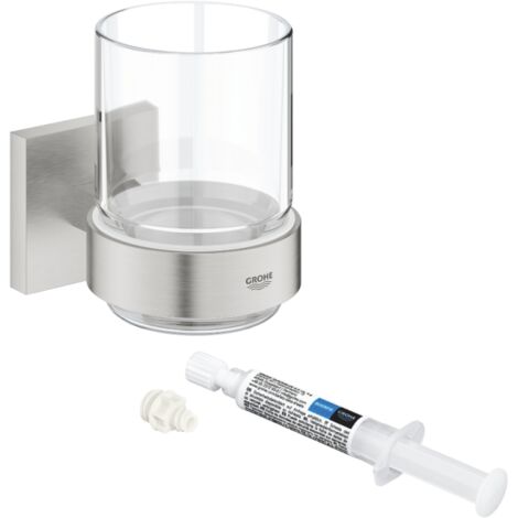 Vidrio con soporte GROHE Start Cube supersteel + GROHE QuickGlue A1 para acceso con placa de fijación
