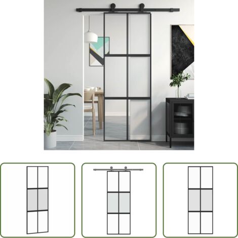 Vidrio templado -  Puerta corredera vidrio templado y aluminio negra 76x205 cm
