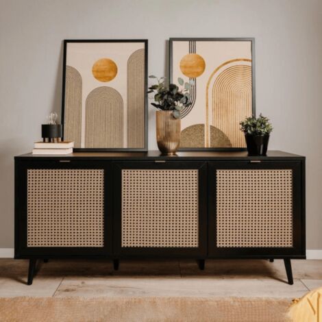 Vienna51A 3-türiges schwarzes Sideboard mit Fronten in Korboptik