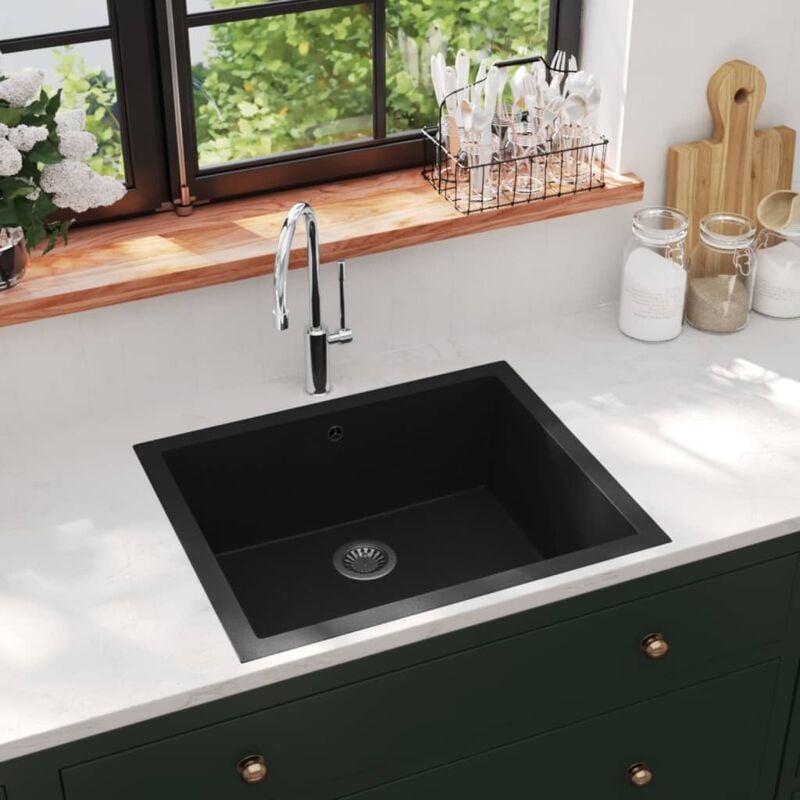 Maison Chic - vier de cuisine avec trou de trop-plein Evier 1 bac Noir Granit