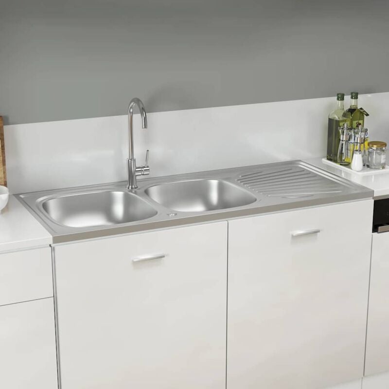 Vier de cuisine à double lavabo Evier 2 bacs Argenté 1200x600x155 mm Inox