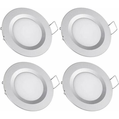 Vier LED-Einbaustrahler, 12 V, Einbautiefe 58-65 mm, 3 W, 3200 K, geeignet für den Einbau in Deckenleuchten von Wohnmobilen, Booten, Wohnwagen, Transportern und Yachten, warmweißes Licht (silberne Aus