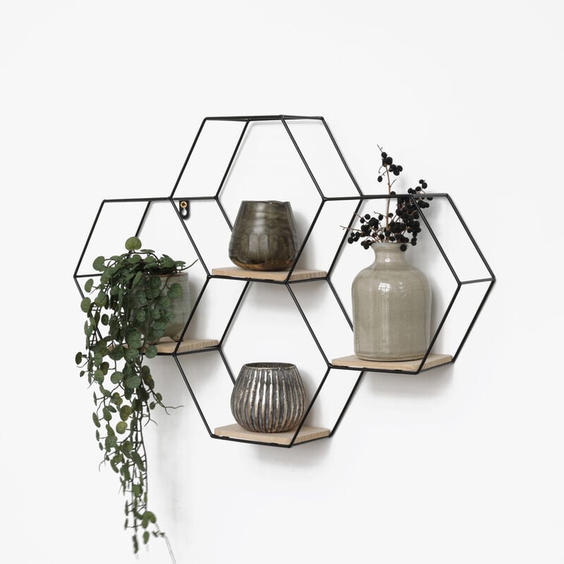 Vivol - Quadruple étagère murale hexagonale en métal avec 4 tablettes en bois - 40,5x58 cm - Noir