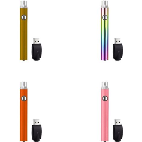 Vierteiliges Lötkolben-Set mit Schraubverschluss, inklusive 350-mAh-Akkustift, USB-Adapter und in den Farben Orange, Rosa und Gold.