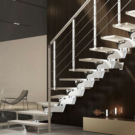 Viertelgewendelte Treppe mit 10 stufenanzahl - Zu erreichend Höhe 2.04 à 2.44m - Larg. 75cm - Holz und weiß - KNOCK75/L/BB-RH-10