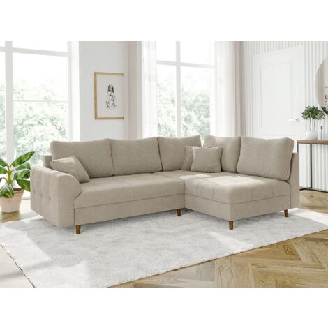 Viggo - Ecksofa mit Braun Holzfüßen im skandinavischen Stil aus Beige Boucle-Stoff