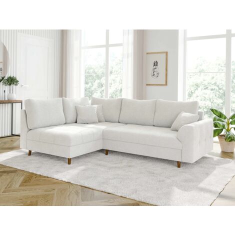 Viggo - Ecksofa mit Braun Holzfüßen im skandinavischen Stil aus Weiß Boucle-Stoff