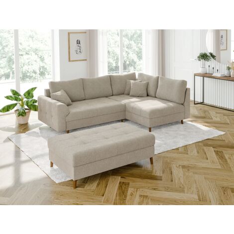 Viggo - Ecksofa mit Schlaffunktion und Hocker mit Braun Holzfüßen im skandinavischen Stil aus Beige Boucle-Stoff