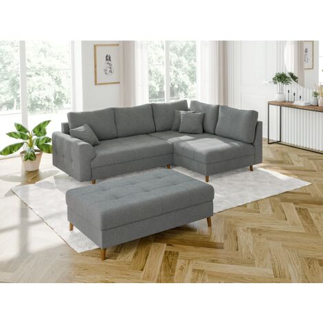 Viggo - Ecksofa mit Schlaffunktion und Hocker mit Braun Holzfüßen im skandinavischen Stil aus Grau Boucle-Stoff