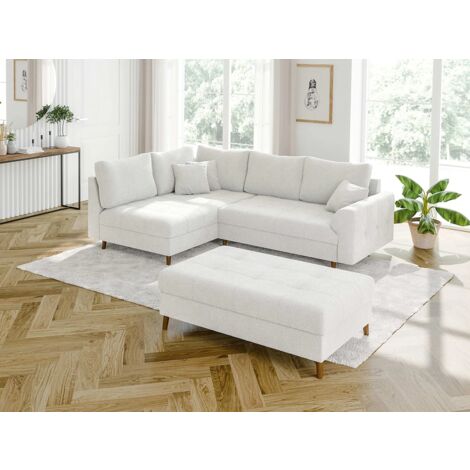 Viggo - Ecksofa mit Schlaffunktion und Hocker mit Braun Holzfüßen im skandinavischen Stil aus Weiß Boucle-Stoff
