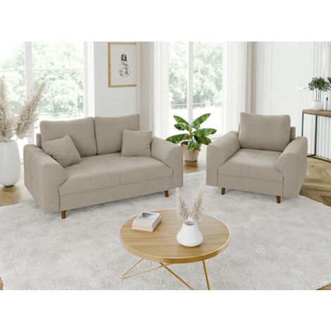 Viggo - Polstergarnitur 2+1 mit Braun Holzfüßen im skandinavischen Stil aus Beige Boucle-Stoff