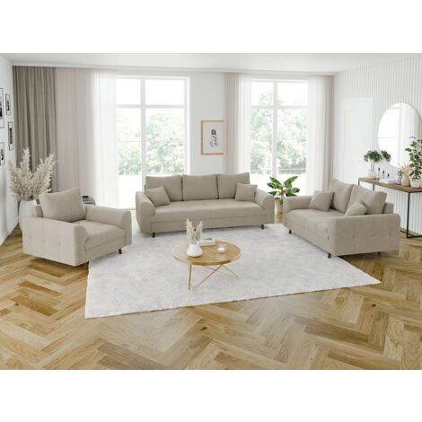 Viggo - Polstergarnitur 3+2+1 mit Braun Holzfüßen im skandinavischen Stil aus Beige Boucle-Stoff