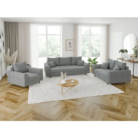 Viggo - Polstergarnitur 3+2+1 mit Braun Holzfüßen im skandinavischen Stil aus Grau Boucle-Stoff