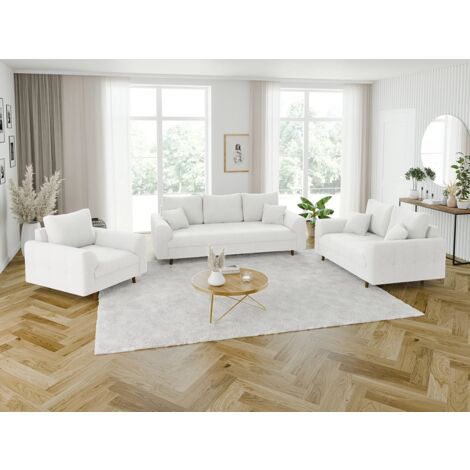 Viggo - Polstergarnitur 3+2+1 mit Braun Holzfüßen im skandinavischen Stil aus Weiß Boucle-Stoff