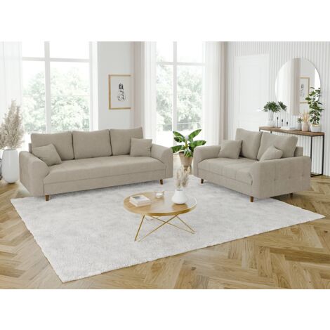Viggo - Polstergarnitur 3+2 mit Braun Holzfüßen im skandinavischen Stil aus Beige Boucle-Stoff