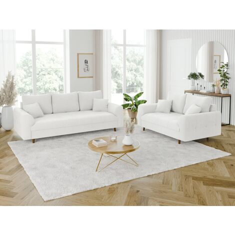 Viggo - Polstergarnitur 3+2 mit Braun Holzfüßen im skandinavischen Stil aus Weiß Boucle-Stoff
