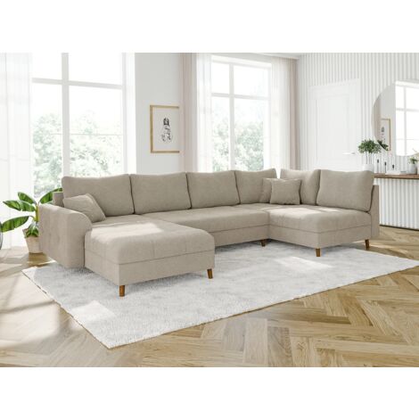 Viggo - Wohnlandschaft mit Braun Holzfüßen im skandinavischen Stil aus Beige Boucle-Stoff