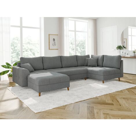 Viggo - Wohnlandschaft mit Braun Holzfüßen im skandinavischen Stil aus Grau Boucle-Stoff