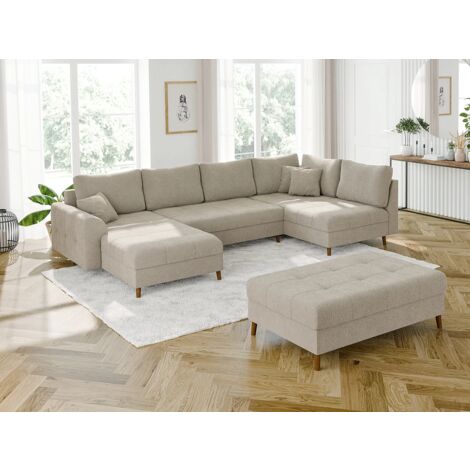 Viggo - Wohnlandschaft mit Schlaffunktion und Hocker mit Braun Holzfüßen im skandinavischen Stil aus Beige Boucle-Stoff