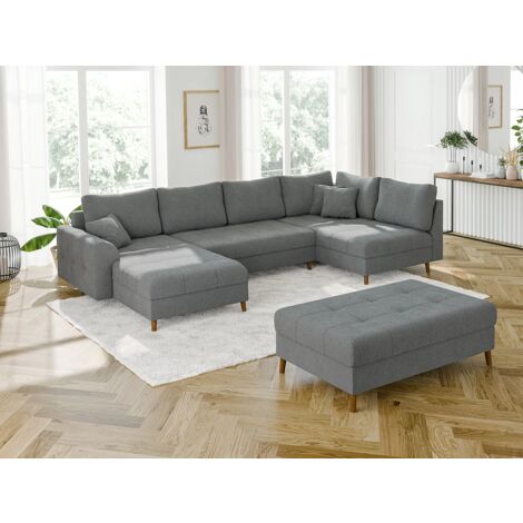 Viggo - Wohnlandschaft mit Schlaffunktion und Hocker mit Braun Holzfüßen im skandinavischen Stil aus Grau Boucle-Stoff