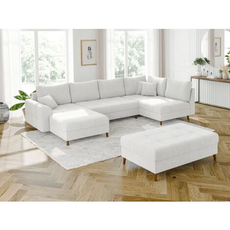 Viggo - Wohnlandschaft mit Schlaffunktion und Hocker mit Braun Holzfüßen im skandinavischen Stil aus Weiß Boucle-Stoff