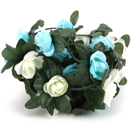 Vigne de Roses Artificielles en Tissu avec Feuilles Vertes - Décoration Murale pour Maison, Mariage et Jardin (Bleu et Blanc)