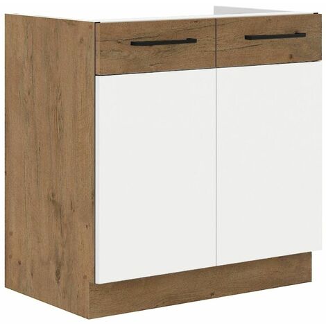 Vigo Spülenschrank 80 cm Eiche Lancelot Weiß Hochglanz Küchenzeile Küchenblock