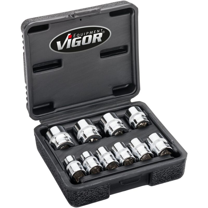 Vigor - Jeu de douilles à 12 pans ∙ V7538/10 ∙ Carré creux 3/8 pouce (10 mm) ∙ Profil à 12 pans extérieurs ∙ 10 pièces ∙ 10 – 19 mm ∙ Nombre d'outils