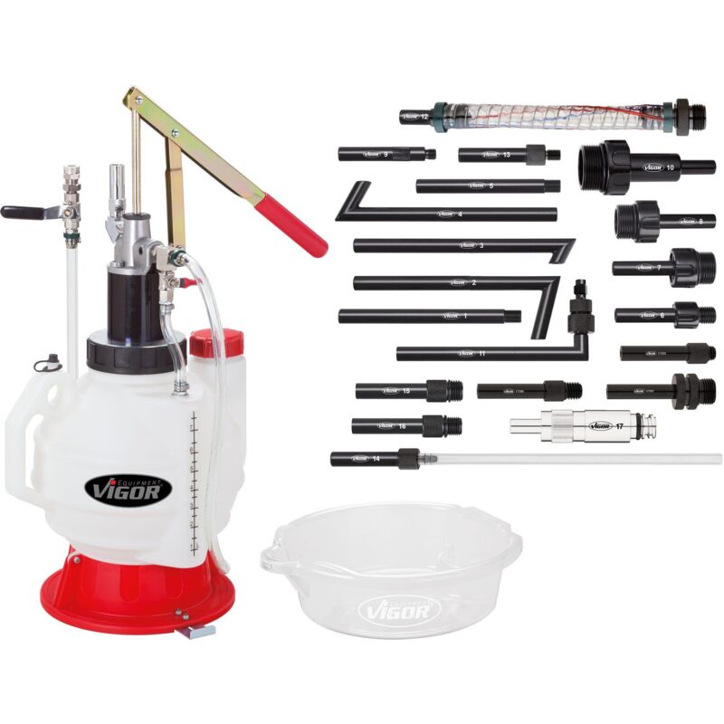 Vigor - Appareil de remplissage d'huile ∙ avec jeu d'adaptateurs ∙ V4385N ∙ 21 pièces ∙ Nombre d'outils : 21