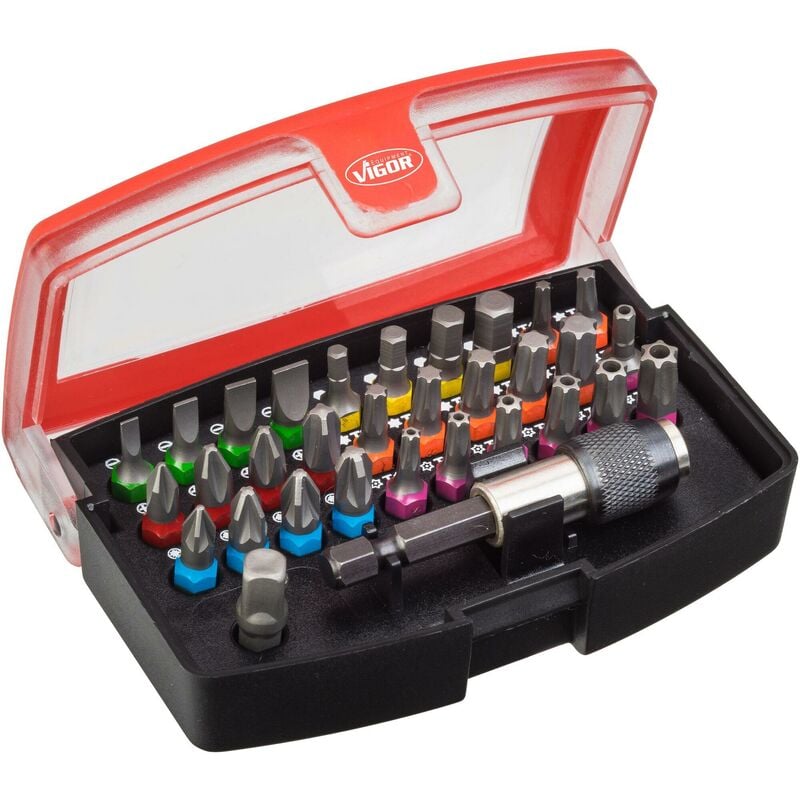 Vigor - Boîtier d'embouts-tournevis ∙ V5019 ∙ Hexagone massif 1/4 pouce (6,3 mm) ∙ Profil à fente, Profil à 6 pans intérieurs, Profil Phillips ph,