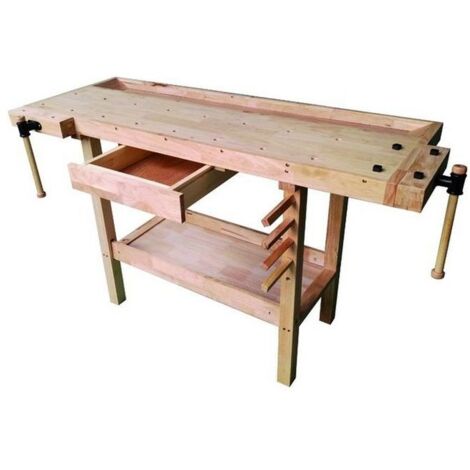 Vigor – Établi en bois huilé 149 cm – Charge maximale 150 kg – Étagère intermédiaire et tiroir – 4 tiges de suspension et 2 étaux - 149X62X86H