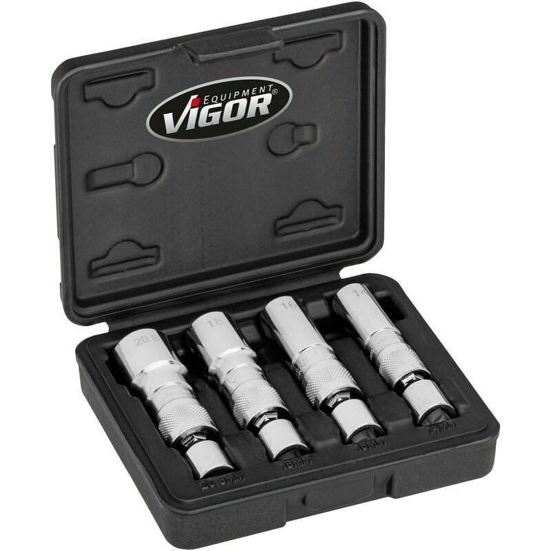 Vigor - Jeu de clés à douilles pour bougies ∙ V7002/4 ∙ Carré creux 3/8 pouce (10 mm) ∙ Profil à 12 pans extérieurs ∙ 4 pièces ∙ 14 ∙ 16 ∙ 18 ∙ 20,8