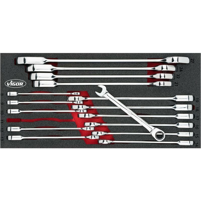 Jeu de clés mixtes à cliquet ∙ V4987 ∙ Profil à 12 pans extérieurs, Profil à 6 pans extérieurs ∙ 16 pièces ∙ 8 – 27 ∙ Nombre d'outils : 16