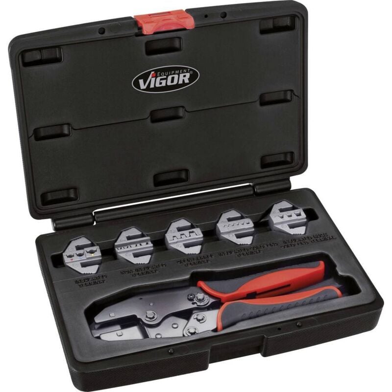 Vigor - V2499 Set d'outils de sertissage 6 pièces pour cosses isolées, pour cosses fermées non-isolées, pour cosses ouver