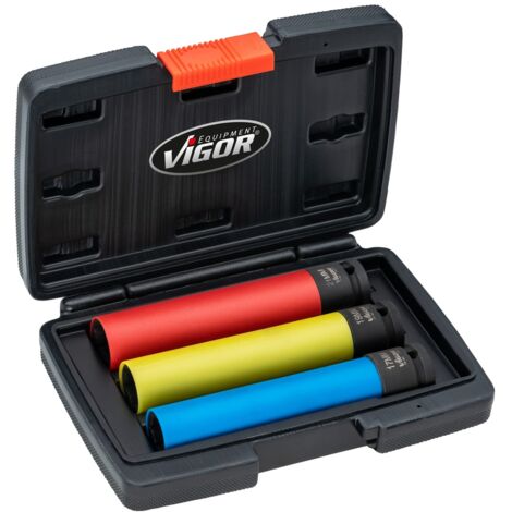 VIGOR Schlagschrauber Steckschlüssel Satz, extra lang, 1/2 (12,5 mm) Vierkant hohl, Außen Sechskant Profil, 3-tlg., 17, 19, 21 mm, Anzahl Werkzeuge: