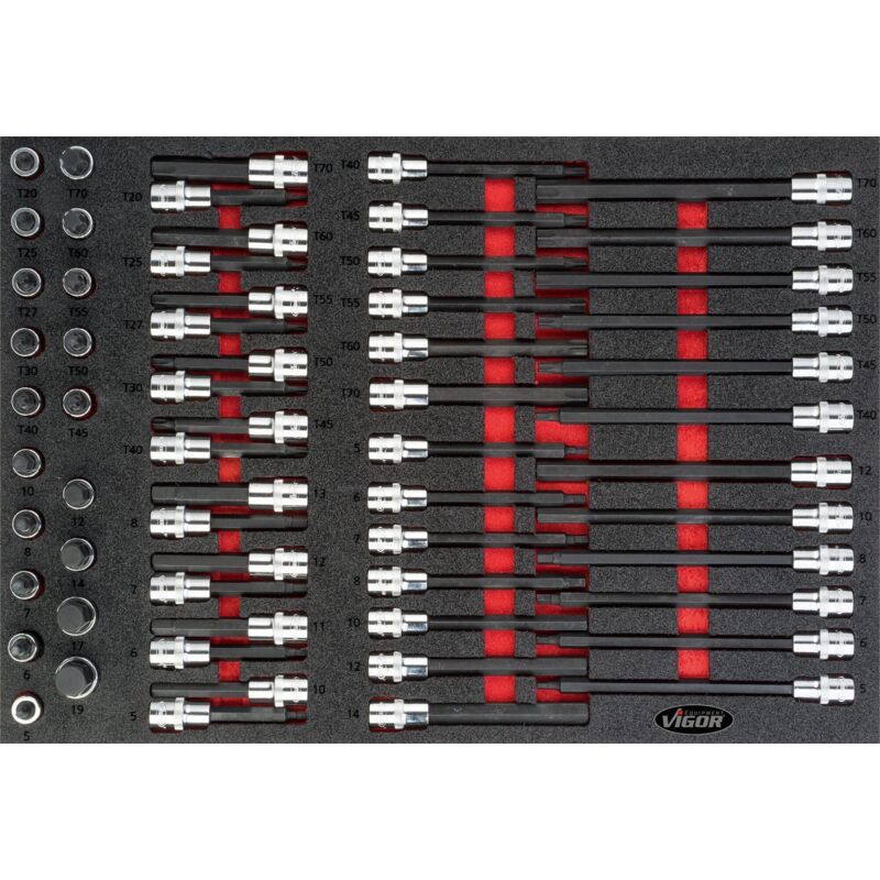 Schraubendreher-Einsatz Satz, 5 - 19, T20 - T70, in 2K Weichschaum-Einlage, 62-tlg. - Vigor