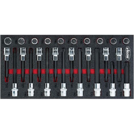 VIGOR Schraubendrehereinsatz Satz, 1/2 (12,5 mm) Vierkant hohl, Innen TORX Profil, 26-tlg., T20 - T70, Anzahl Werkzeuge: 26