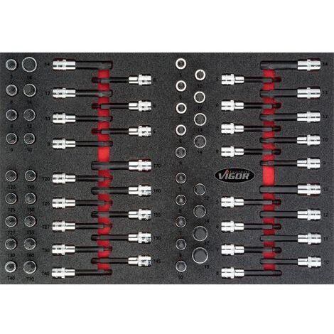 VIGOR Schraubendrehereinsatz Satz, 1/2 (12,5 mm) Vierkant hohl, Innen TORX Profil, Innen Sechskant Profil, 70-tlg., 5 - 19 · M5 - M16 · T20 - T70, An