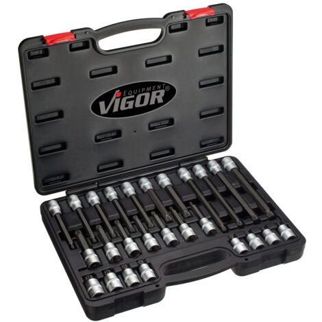 VIGOR Schraubendrehereinsatz Satz, 1/2 (12,5 mm) Vierkant hohl, Innen Vielzahn Profil XZN, 26-tlg., M5 - M16, Anzahl Werkzeuge: 26