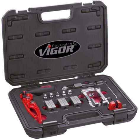 ViGOR V1728 set di utensili per svasare, set da 13 pezzi, svasatura DIN e SAE, per tubazioni a parete sottile in acciaio, per l'uso su tubazioni dei freni e idrauliche direttamente sul veicolo"