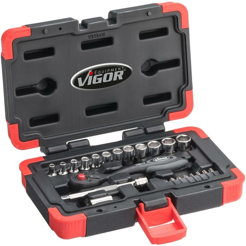 Vigor - Jeu de clés à douille ∙ V3734N ∙ Carré creux 1/4 pouce (6,3 mm) ∙ Profil à 6 pans extérieurs, Profil à 6 pans intérieurs, Profil torx®