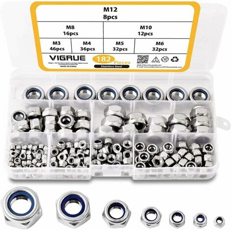 VIGRUE 182PCS Kit surtido de tuercas de bloqueo de nailon, tuercas hexagonales autoblocantes antisueltas en acero inoxidable 304 Tamaño de M3 M4 M5 M6 M8 M10 M12