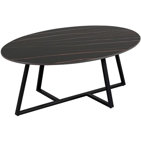 VIKASH - Table Basse Plateau en Céramique Effet Marbre Noir Piétement Métal Noir