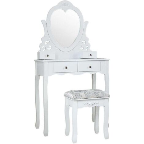 Viking Choice – Coiffeuse blanche avec miroir cœur et tabouret – Dimensions 75x40x143cm – 4 tiroirs en MDF et pin pour rangement pratique