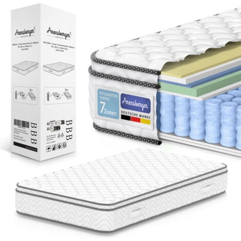 ARENSBERGER 180x200 cm - Integrierter Topper 25cm Höhe H4, H3, H2 Misch-Härtegrad 7 Zonen Matratze - Taschenfederkernmatratze mit hoher Punktelastizität