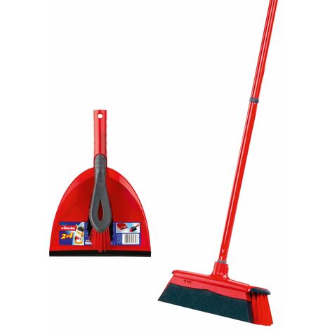 Vileda DuActiva Scopa con Manico 3 Pezzi e Set 2 in 1, Non vortica Polvere, Scopa e Paletta, Scopa con microschiuma, Confezione Ecologica, Media, Rosso e Nero