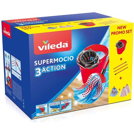 Vileda SuperMocio Box, Sistema Lavapavimenti, Set con Strizzatore, 2 Fiocchi Microfibra & Power, 1 Fiocco 3Action, Manico 3 Pezzi, ‎Rosso